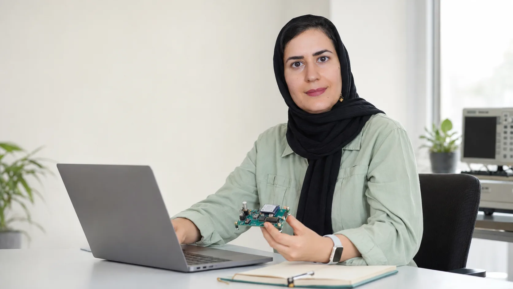 فاطمه جمالی در حال بررسی یک محصول اینترنت اشیا